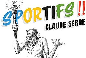 Affiche dessinée montrant un homme portant la flamme olympique et faisant du stop