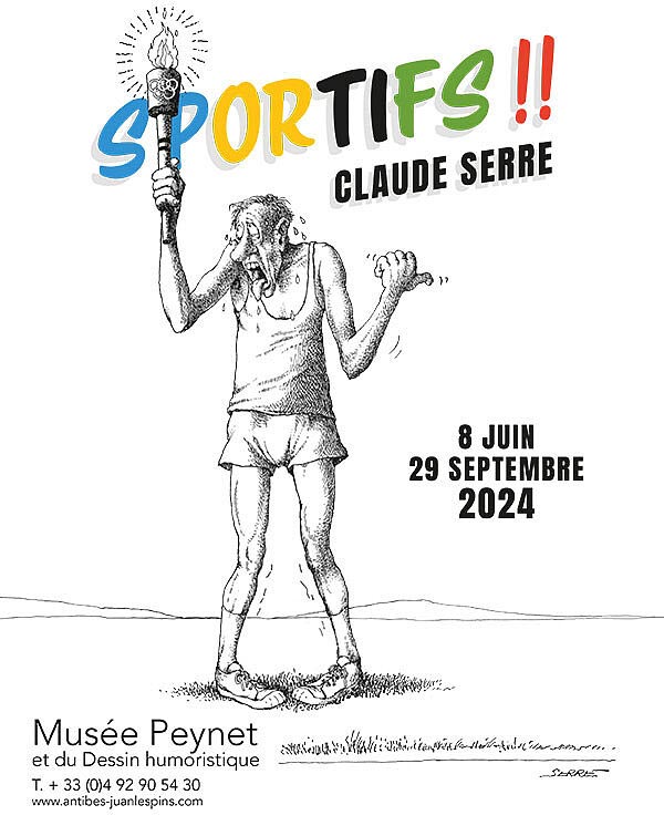 Affiche dessinée montrant un homme portant la flamme olympique et faisant du stop